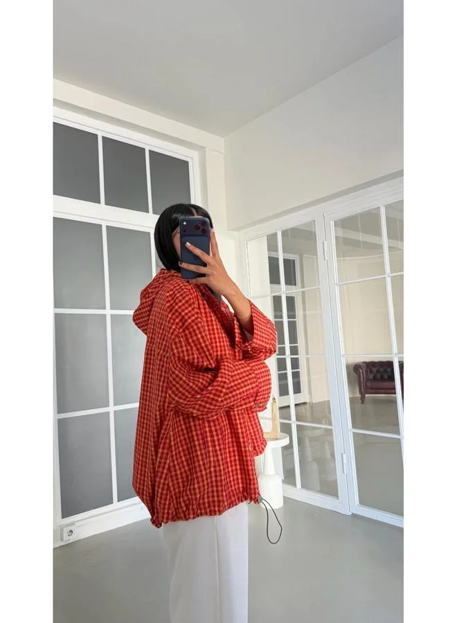 Gaus  Orange Snap-Button Checkered Hooded Raincoat GAUS-02001. for Women | Best Price UAE