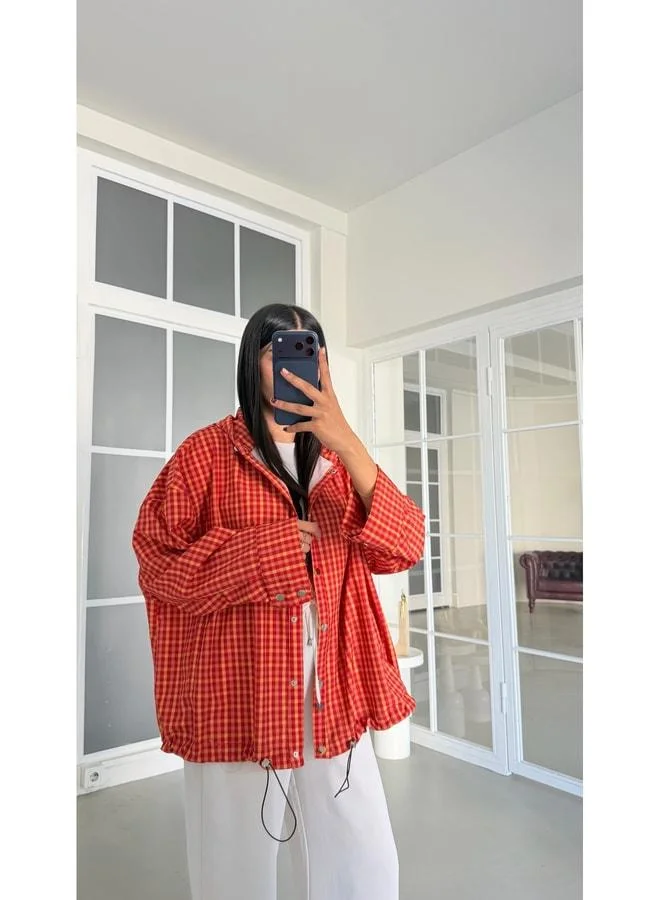 Orange Snap-Button Checkered Hooded Raincoat GAUS-02001.