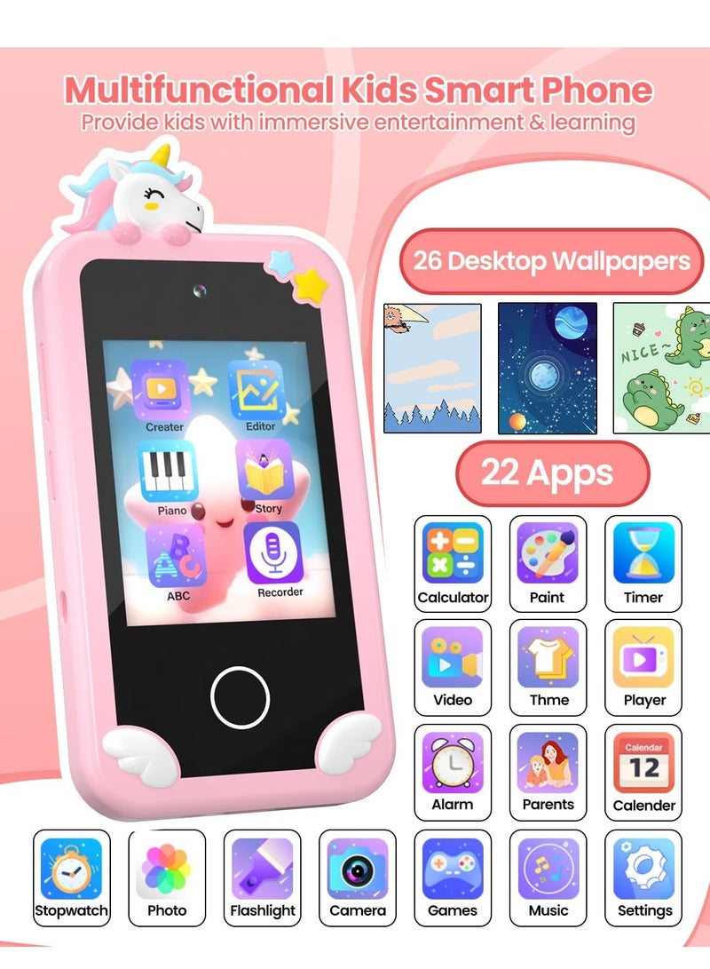 Kids Smart Phone for Boys with 32G Card & Holographic Pyramid,  for Age 3-10 Kids Toys Cell Phone, 2.8" Touchscreen Toddler Learning Toy, Dual Lens, Music Player, Arabic language support(Pink) - Image 2