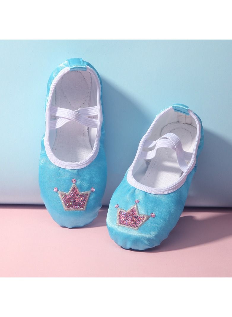 Loquat Girl's Dance Shoes Ballet Embroidered Crown Cat Claw Shoes Yoga Shoes Blue