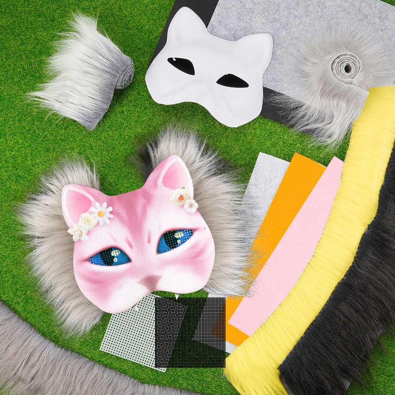 Seenelling 33 Pcs DIY Therian Mask Kit Blank Cat Mask with Felt Fabric Sheet Plush Faux Fur Eye Mesh for Therian Gear Stuff (Grey) - Image 3
