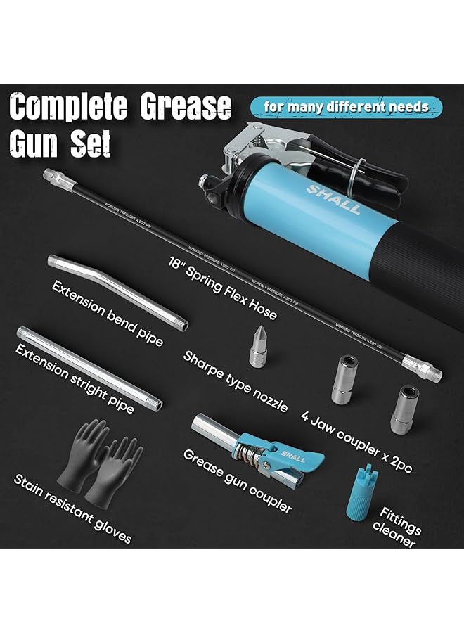 SHALL Grease Gun, 7000 Psi Heavy Duty Pistol Grip Grease Gun Kit W/Grease Gun Coupler, 18” Spring Flex Hose, Reinforced Coupler, 2 Extension Rigid Pipe, Sharp Nozzle, Fittings Cleaner | 14Oz Load  - Image 2