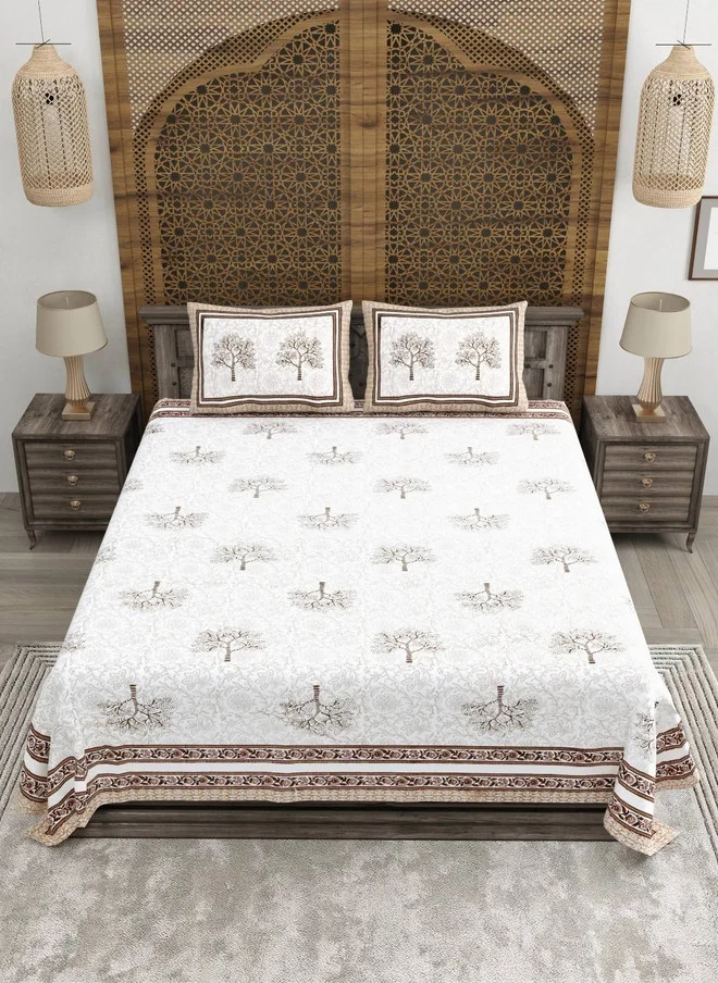 CLOTHOLOGY CLOTHOLOGY Brown & White Printed Pure Cotton 180 TC King Bedsheet Set