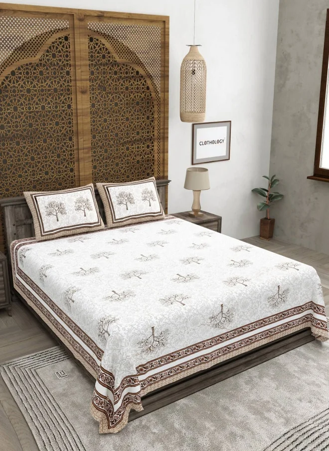 CLOTHOLOGY CLOTHOLOGY Brown & White Printed Pure Cotton 180 TC King Bedsheet Set