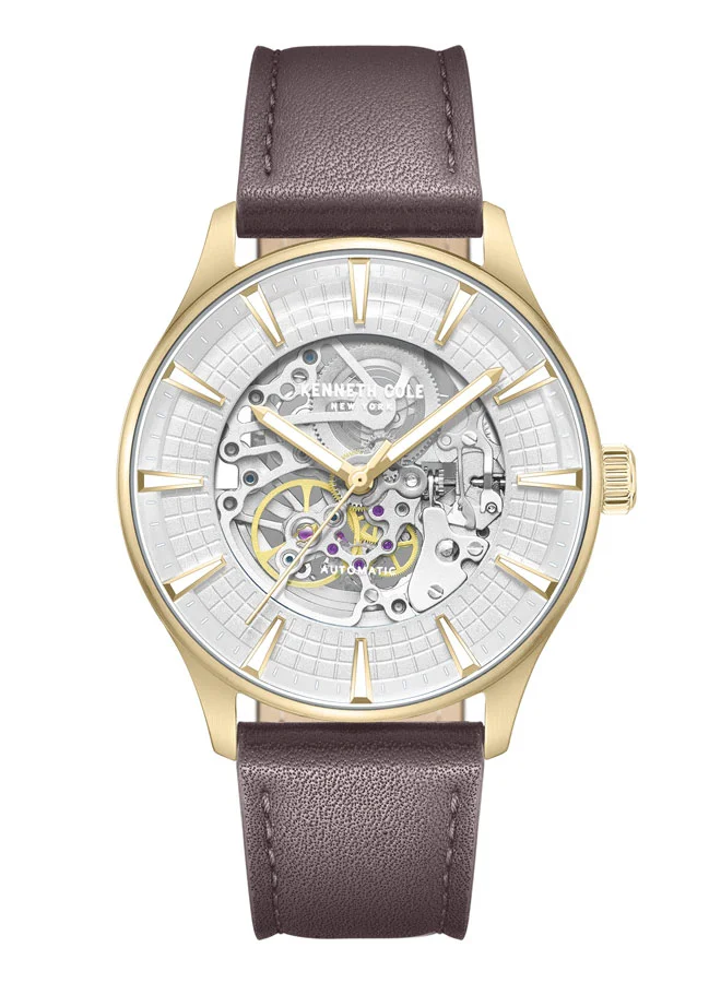 Kenneth Cole New York Kenneth Cole New York 43.5mm Automatic Men's Watch with Silver Dial & Dark Brown Genuine Leather Strap