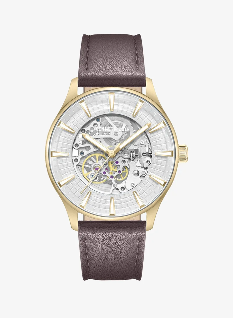 Kenneth Cole New York Kenneth Cole New York 43.5mm Automatic Men's Watch with Silver Dial & Dark Brown Genuine Leather Strap
