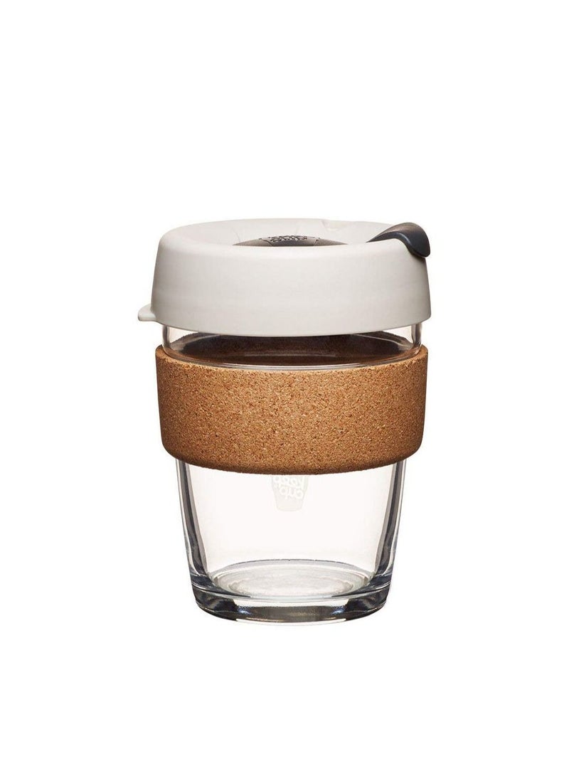 SYOSI Reusable Tempered Glass Coffee Cup | Travel Mug with Spill Proof Lid, Eco Friendly Cork Band, Lightweight, BPA Free | Medium | 12oz  - Image 1