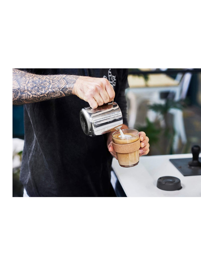 SYOSI Reusable Tempered Glass Coffee Cup | Travel Mug with Spill Proof Lid, Eco Friendly Cork Band, Lightweight, BPA Free | Medium | 12oz  - Image 3