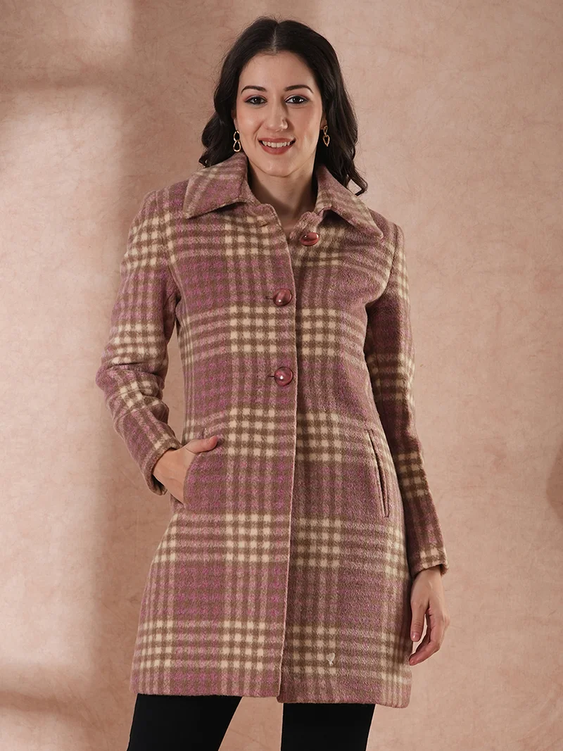 globus Globus Women Checked Tailored-Fit Single-Breasted Winter Wear Overcoat