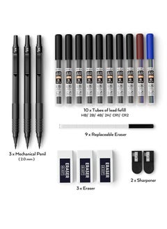 Nicpro Black Metal 2.0 Mechanical Pencil Set With Case 3 Pcs Drafting Lead Holder With 2Mm Graphite Lead Refill (Hb 2H 4H 2B 4B) & Colors Sharpeners Erasers For Artist Writing Drawing Sketching  - Image 3