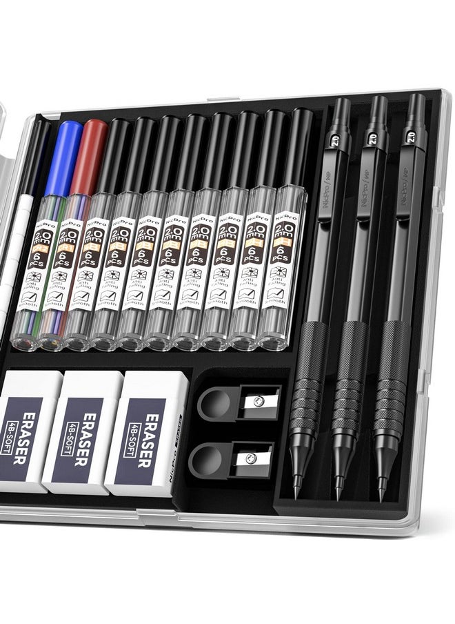 Nicpro Black Metal 2.0 Mechanical Pencil Set With Case 3 Pcs Drafting Lead Holder With 2Mm Graphite Lead Refill (Hb 2H 4H 2B 4B) & Colors Sharpeners Erasers For Artist Writing Drawing Sketching  - Image 1