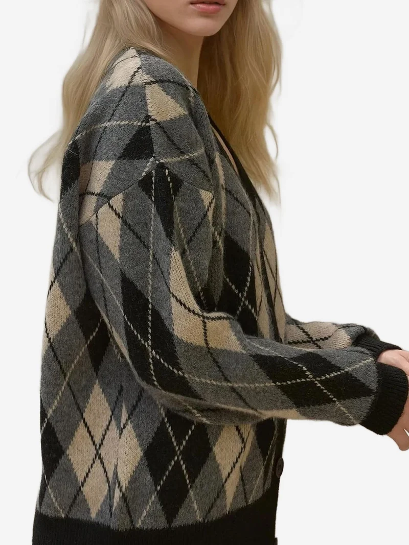 HICCUP Long V-Neck Geometric Knitwear Cardigan with Buttons