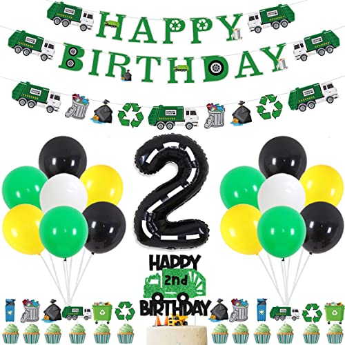 Balterever Garbage Truck 2nd Birthday Party Decorations Trash Truck Happy Birthday Banner Garland Cake Topper Cupcake Toppers for Waste Management Birthday Party Decor Supplies - Image 1