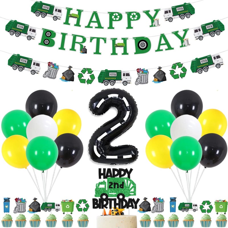 Balterever Garbage Truck 2nd Birthday Party Decorations Trash Truck Happy Birthday Banner Garland Cake Topper Cupcake Toppers for Waste Management Birthday Party Decor Supplies - Image 3