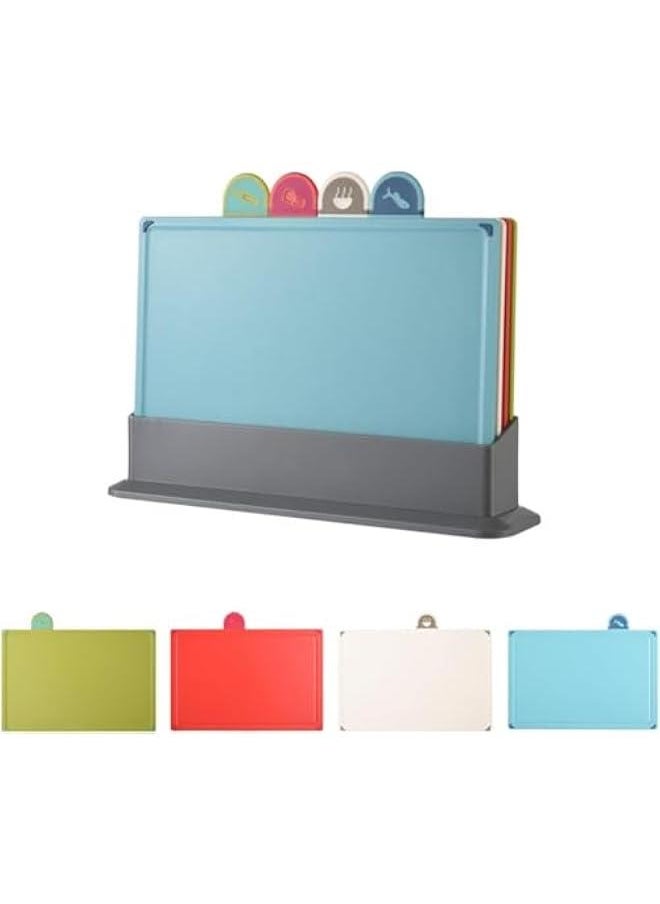 HOOKOR - Cutting Board Set with Storage Stand, 4 PCS Reversible Chopping Boards with Index Color Coded Food Icon for Various Food, Preventing Cross-contamination, Wheat Straw Fiber, BPA Free,Blue (67-03) - Image 1