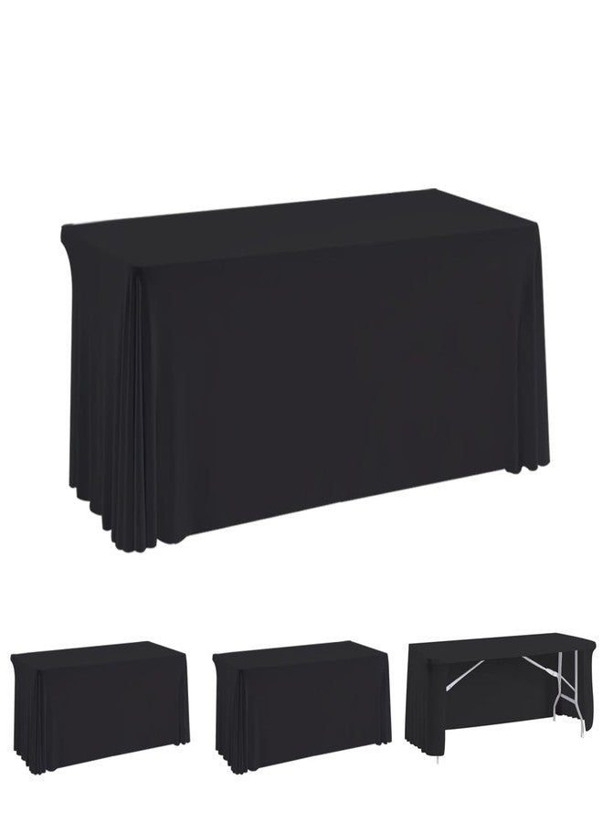 HAORUI Open Back Table Skirts, 4Pack Rectangle Wrinkle Resistant Table Clothes, Ruffles Elastic Table Cover for Banquets, Weddings, Parties (6ft Black) - Image 1