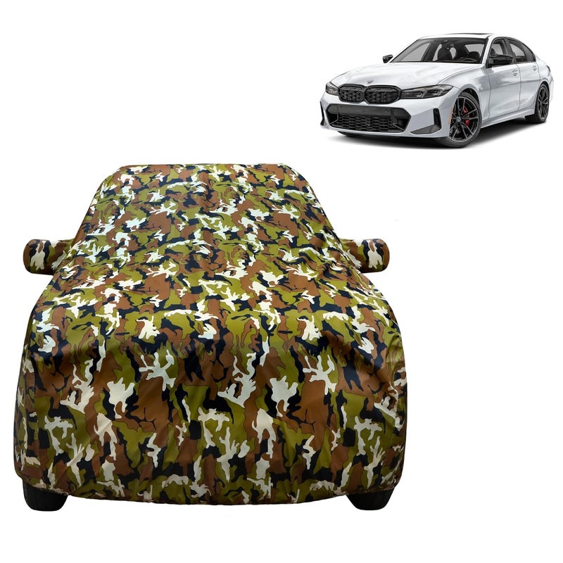 Vyas غطاء سيارة VYAS 100% مقاوم للماء لجسم BMW 3 Series مع جيب للمرايا حزام مزدوج الخياطة وقفل تثبيت مزدوج مرن، مادة متينة بتصميم تمويه مطبوع في الغابة - Image 1