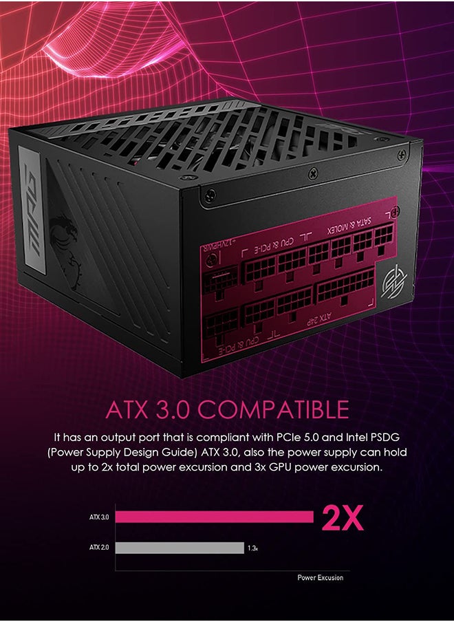 إم اس أي مصدر طاقة MPG A1000G PCIE5 بقدرة 1000 وات، تصميم معياري كامل، معتمد من الذهب 80 Plus، مروحة PFC نشطة مقاس 135 مم، متوافقة مع PCIe 5.0، مكثف ياباني 100% 105 درجة مئوية  - Image 3