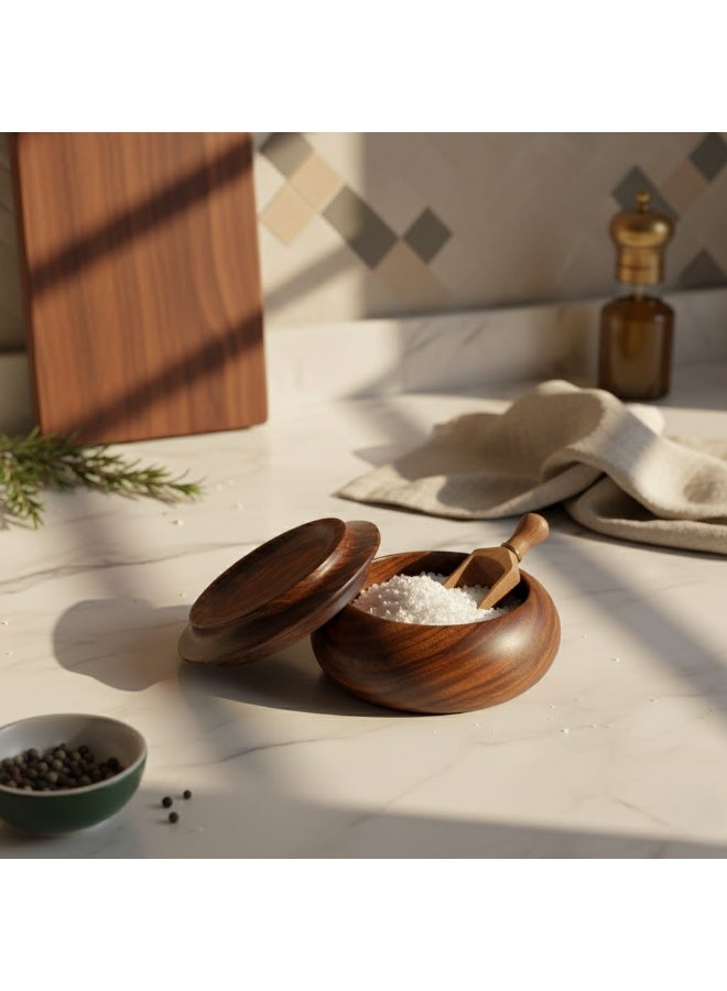 CASA HOME Premium Wooden Salt & Spice Cellar with Lid and Spoon – Elegant Kitchen Storage Bowl for Salt, Pepper, Sugar & Seasonings - Image 2
