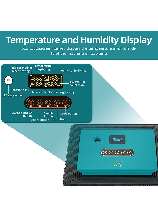 Generic حاضنات 25 بيضة لتفقيس البيض مع جهاز تقليب البيض الأوتوماتيكي مع شاشة عرض درجة الحرارة والرطوبة وجهاز اختبار شمعة البيض LED وحاضنات لبيض الدجاج والبط والسمان والأوز والحمام - Image 3