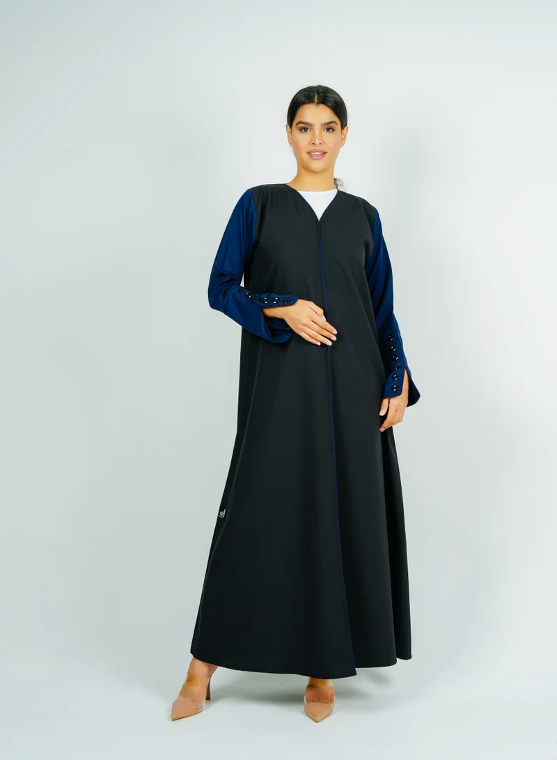 Stylish Black abaya with navy sleeves button style + Matching shella