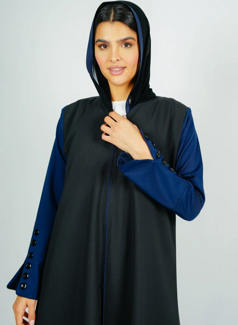 Rosette Abaya Stylish Black abaya with navy sleeves button style + Matching shella
