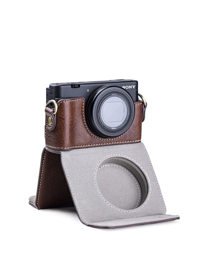 Premium PU Leather FullBody Camera Case Bag Cover for Sony ZV-1 ZV1 With Neck Strap (Brown)