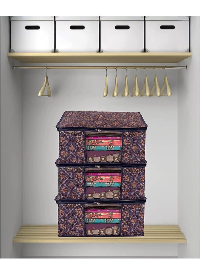 DD RETAILS DD Retails Foldable Saree Covers Clothes Storage Bag Printed Saree Storage Bag With ransparent Window Zipper Wardrobe Organizer Bag For Saree Lehnga Suit Dress Pack Of 1 Blue  - Image 4