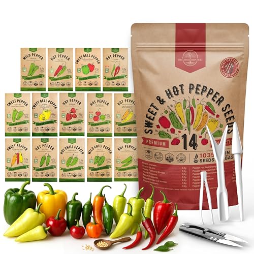 Organo Republic 14 Sweet & Hot Peppers Seeds Variety Pack - 1,030+ Non-GMO Heirloom Pepper Seeds for Outdoor and Indoor Home Gardening, Including Pepper Cayenne, Habanero, Jalapeno, Poblano, Serrano - Image 1