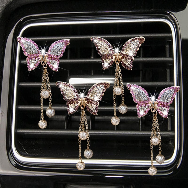 Wpppan 4Pcs Bling Butterfly Car Aromatherapy Air Vent Clips,Diamond Pearl Pendant Butterfly Car Air Fresheners Vent Clips Cute Car Decoration Car Interior Decor Bling Car Accessories for Women,Air Fresheners - Image 1