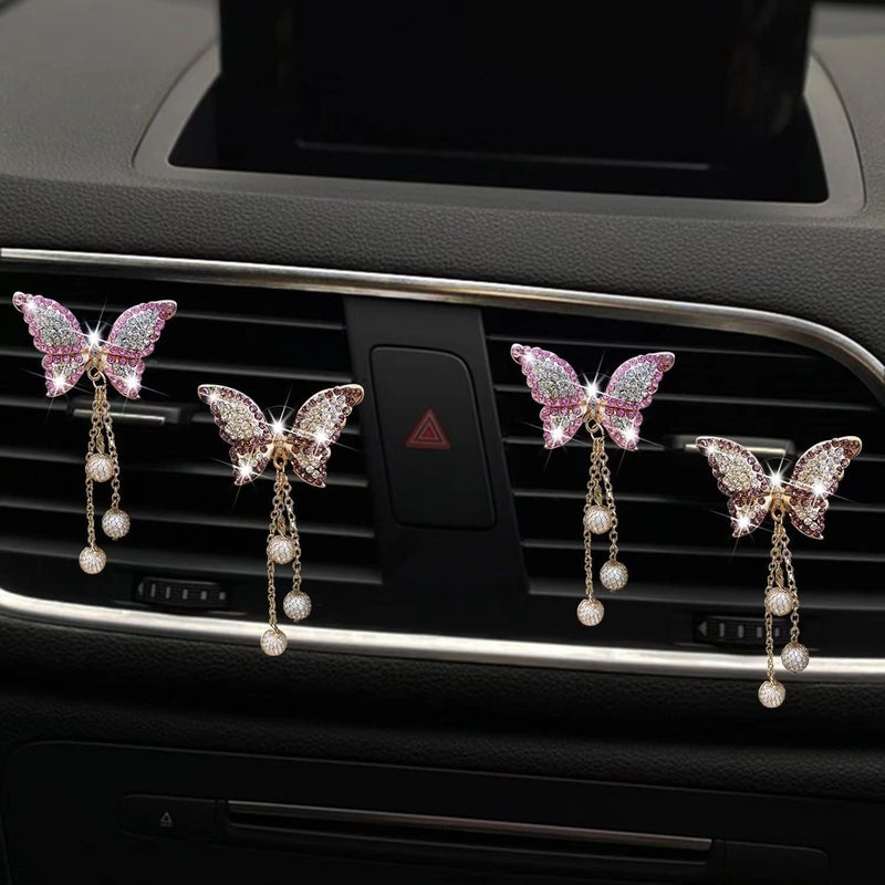 Wpppan 4Pcs Bling Butterfly Car Aromatherapy Air Vent Clips,Diamond Pearl Pendant Butterfly Car Air Fresheners Vent Clips Cute Car Decoration Car Interior Decor Bling Car Accessories for Women,Air Fresheners - Image 2