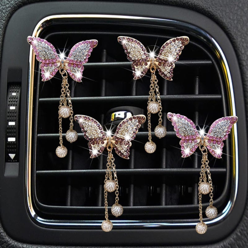 Wpppan 4Pcs Bling Butterfly Car Aromatherapy Air Vent Clips,Diamond Pearl Pendant Butterfly Car Air Fresheners Vent Clips Cute Car Decoration Car Interior Decor Bling Car Accessories for Women,Air Fresheners - Image 3