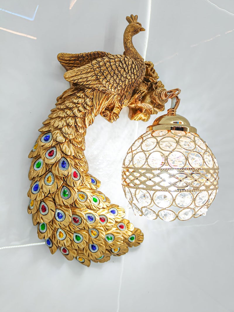 swanart Elegant Glitzail Peacock Wall Lamp with Golden Finish – Decorative Wall Light with Crystal Globe Shade | Intricate Handcrafted Design | Multicolor Accents | Ideal for Living Room, Bedroom & Home Décor - Image 1