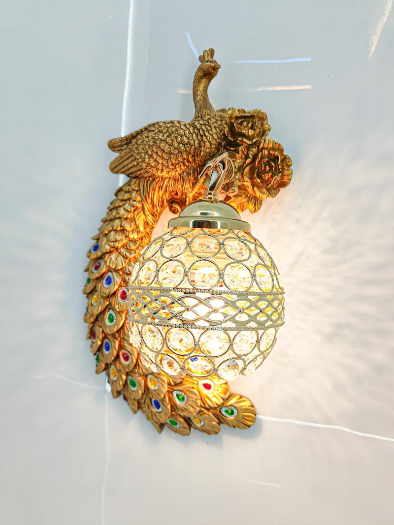 swanart Elegant Glitzail Peacock Wall Lamp with Golden Finish – Decorative Wall Light with Crystal Globe Shade | Intricate Handcrafted Design | Multicolor Accents | Ideal for Living Room, Bedroom & Home Décor - Image 4