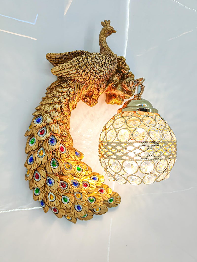 swanart Elegant Glitzail Peacock Wall Lamp with Golden Finish – Decorative Wall Light with Crystal Globe Shade | Intricate Handcrafted Design | Multicolor Accents | Ideal for Living Room, Bedroom & Home Décor - Image 3