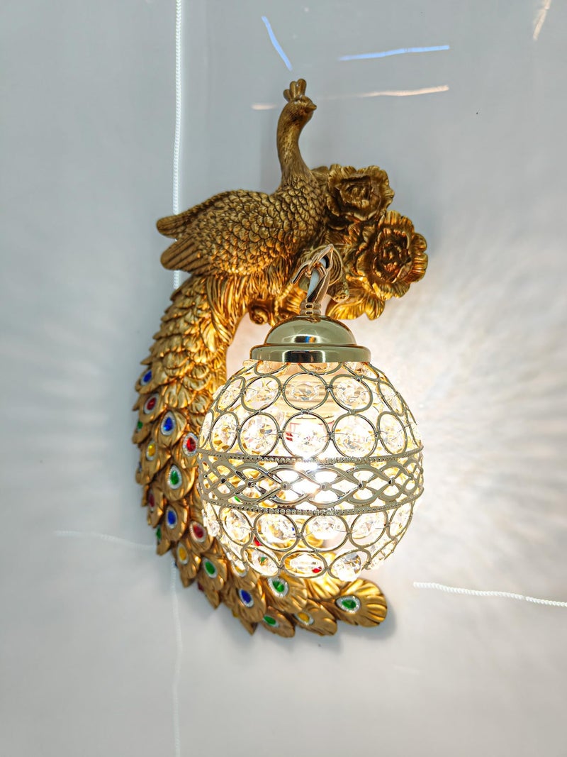 swanart Elegant Glitzail Peacock Wall Lamp with Golden Finish – Decorative Wall Light with Crystal Globe Shade | Intricate Handcrafted Design | Multicolor Accents | Ideal for Living Room, Bedroom & Home Décor - Image 5