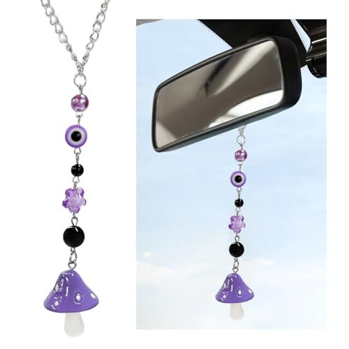 SHMZK Car Rearview Mirror Mushroom Charm Car Hanging Ornament Resin Mushroom Pendant for Women Girls Lucky Mushroom Beaded Decor Universal Rear View Mirror Charm for Vehicle Home Office Purple - Image 1