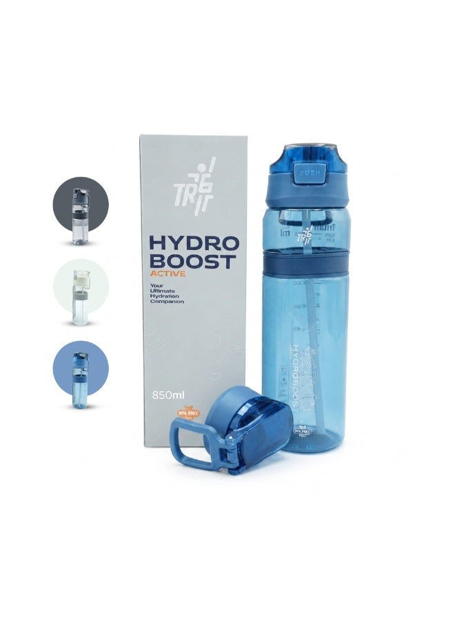 TR6 زجاجة مياه TR6 Hydro Boost Active شفافة خالية من مادة BPA، زجاجة رياضية من تريتان مع غطاء قابل للقفل ومضادة للتسرب ومتينة، مثالية للصالة الرياضية والمكتب والسفر في الهواء الطلق والمدرسة، سعة 850 مل (أزرق) - Image 1