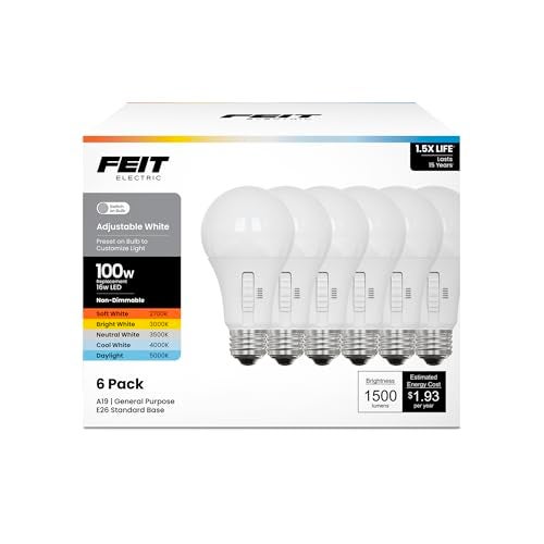 Feit Electric A19 LED Light Bulb, 100W Equiv, Non-Dimmable, Selectable Color Temperatures (2700K-5000K), 1500 Lumens, General Purpose Light Bulbs, 17,000-Hour Lifetime, OM100/5CCT/15KLED/6, 6 Pack - Image 1