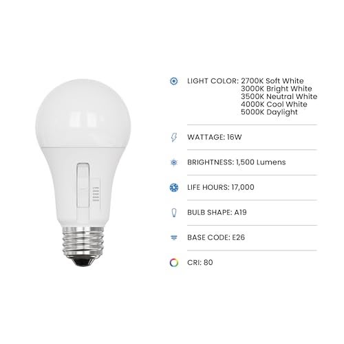 Feit Electric A19 LED Light Bulb, 100W Equiv, Non-Dimmable, Selectable Color Temperatures (2700K-5000K), 1500 Lumens, General Purpose Light Bulbs, 17,000-Hour Lifetime, OM100/5CCT/15KLED/6, 6 Pack - Image 2