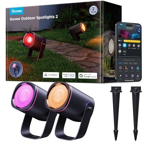Govee Outdoor Spot Lights 2 IP67 Waterproof Spotlights Landscape Lights Work with Matter Alexa and Google Assistant RGBWIC Color Changing Light for Outdoor Decor Patio Decorations 2 Pack - Image 1