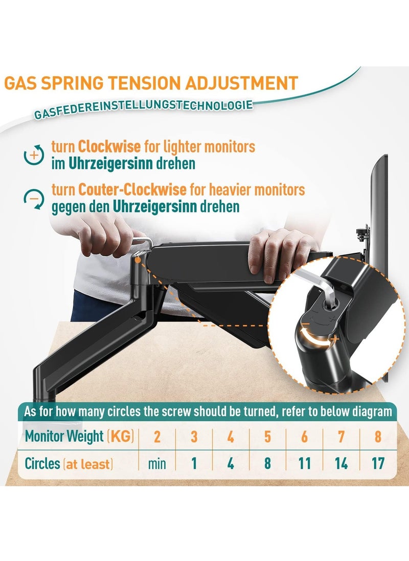 TIGER Dual Monitor Arm Adjustable Gas Powered – Ergonomic PC Monitor Stand for 13-32 Inch Monitors, VESA 75x75/100x100, with C-Clamp and Grommet Base, Gas Spring Monitor Arm  - Image 5