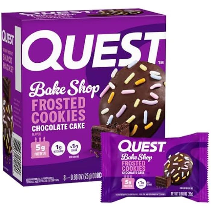 Quest Nutrition Frosted Protein Cookies, Chocolate Cake, 1g Sugar, 11g Protein, 2g Net Carbs, Gluten Free, 8 Cookies - Image 1