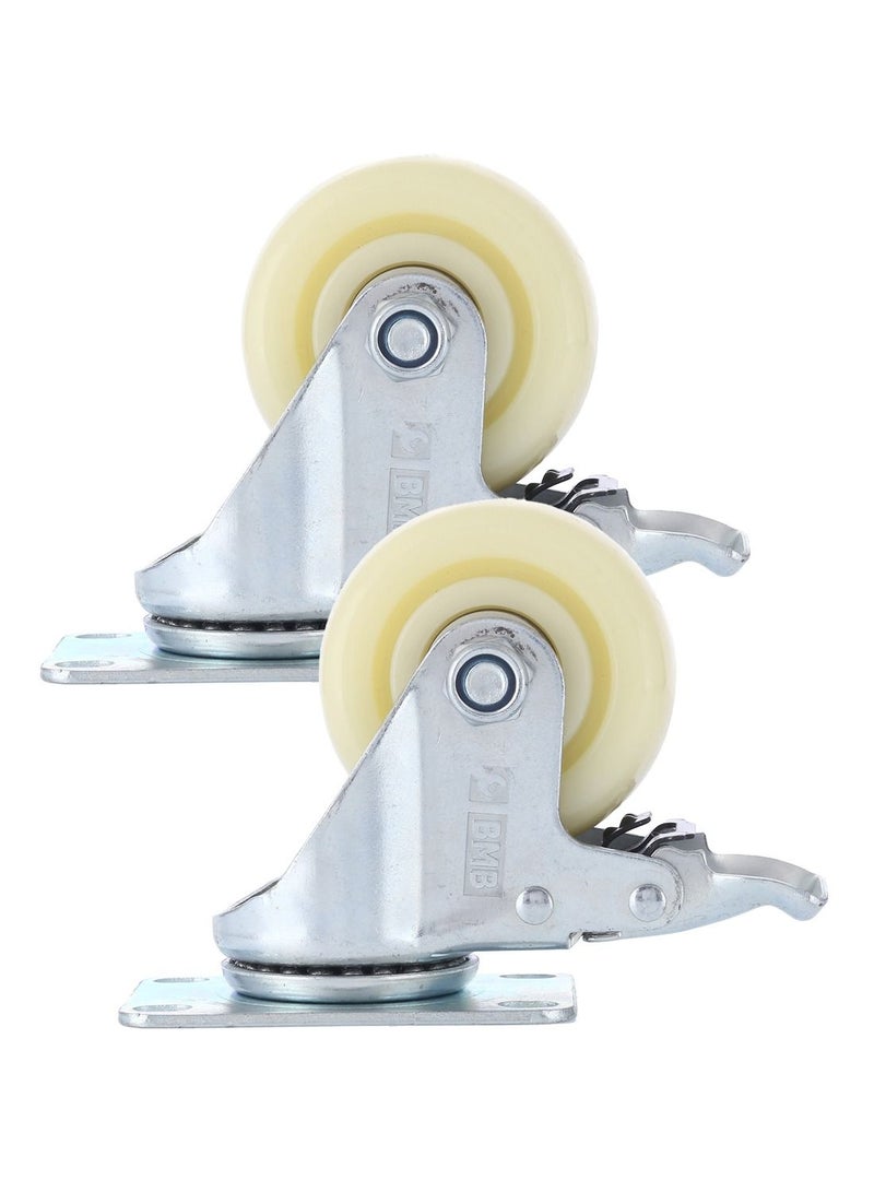 BMB tools 2-Piece 100mm White PP Medium Duty Caster Double Ball Bearing - Swivel with Brake - Plate - Image 1