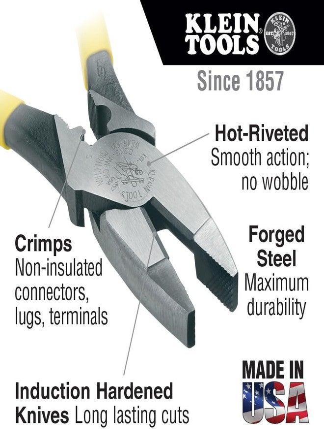 Klein Tools D2000-9NECR Lineman's Pliers with Crimping, Made in USA, High-Leverage Streamline Design with Induction Hardened Knives and Knurled Jaws - Image 3