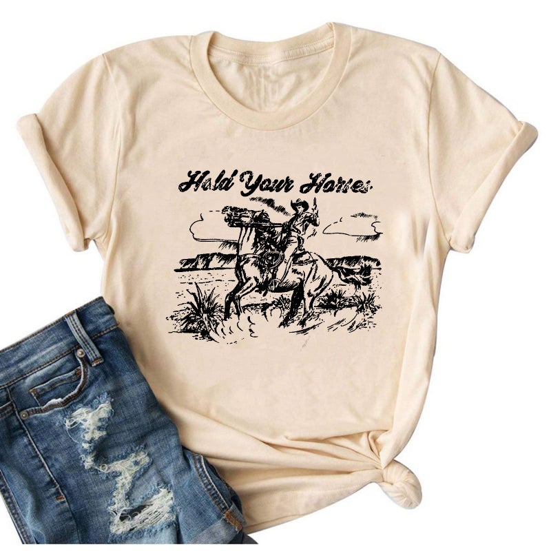 Hold Your Horses T Shirt Women Funny Rodeo Graphic Tees Vintage Cowboy Vacation Short Sleeve Shirts Tops (L, Beige 1)