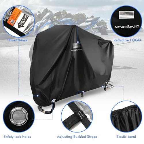 NEVERLAND Motorcycle Cover Waterproof Outdoor - Black Heavy Duty Scooter Cover, Motorbike Cover with Refletive Logo, Lock-Hole, Bandage, Storage Bag-Protect Against Dust, Debris, Rain and Weather(L) - Image 4