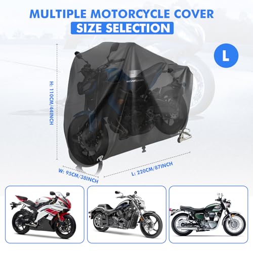 NEVERLAND Motorcycle Cover Waterproof Outdoor - Black Heavy Duty Scooter Cover, Motorbike Cover with Refletive Logo, Lock-Hole, Bandage, Storage Bag-Protect Against Dust, Debris, Rain and Weather(L) - Image 3