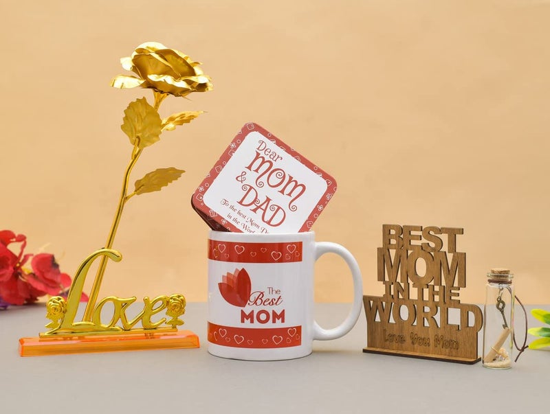 Pride StoreThe Best Mom Printed 330 ml Coffee Mug for Mothers Day Gift Showpiece Greeting Card Rose Love Stand Message Bottle Gift Set for mom - Image 1