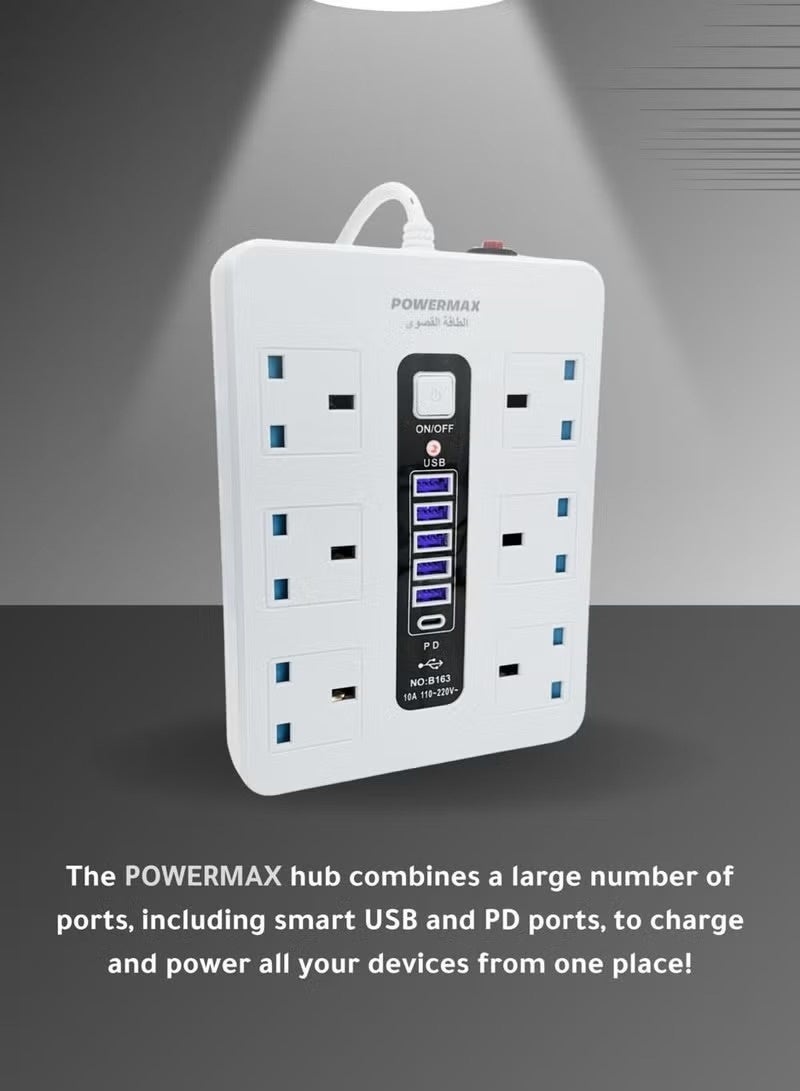 Powermax 12-in-1 Power Strip Extension Cable – Equipped with 6 AC outlets, 5 USB ports, and 1 PD Type-C port. The 5-meter heavy-duty extension cable supports up to 2500W (110V–220V), providing a durable, secure, and versatile solution for powering and charging your electronics , 6 X 6 2300 W Socket  Protector Power Strips, 6 USB Ports, 1 PD Power Port For office charging, new generation of electronics ,5 Meter  White - Image 2